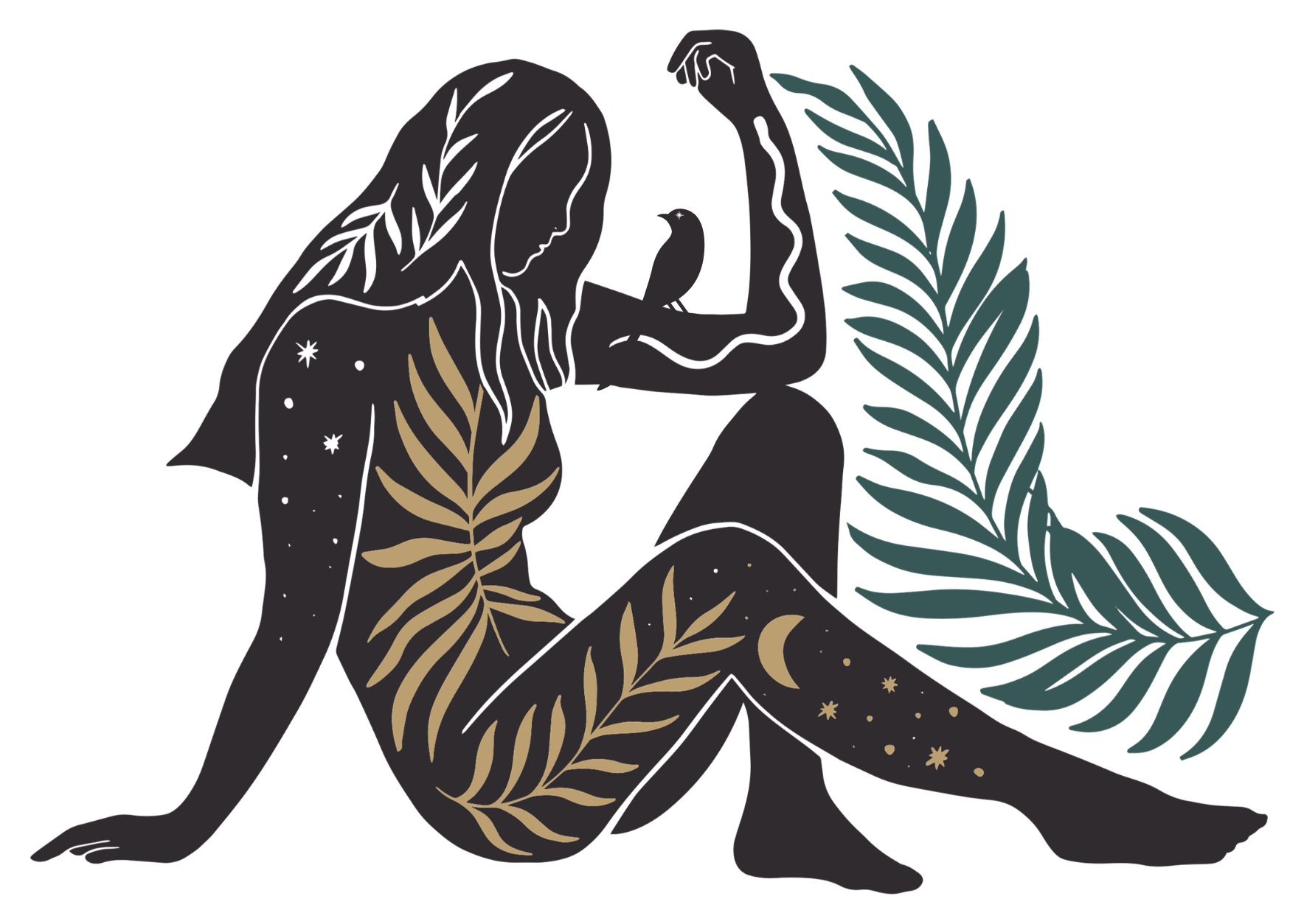 Rooting for Earth logo — an illustrated silhouette seated among fern fronds